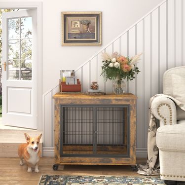 Furniture Style Dog Crate Side Table on Wheels with Double Doors and Lift Top. Rustic Brown, 31.50'' W x 22.05'' D x 25'' H._voghion.com