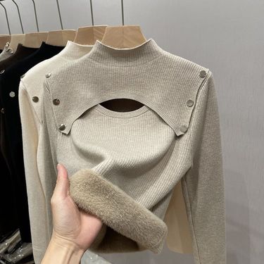 【 Cashmere Family 】 Women's Warm One Fleece Thick with Velvet Inner and Hollow Half High Collar Wool Base Sweater_voghion.com