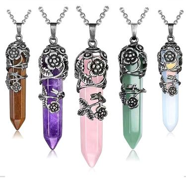 Hot Selling Natural Hexagonal Column Amethyst Necklace Rose Flower Alloy Pendant Energy Stone_voghion.com
