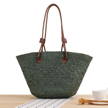 Fashionable and Simple Solid Color Paper Woven Bag Retro Contrasting Color Large Capacity Vacation Shoulder Bag Woven Tote Bag_viptrois.com