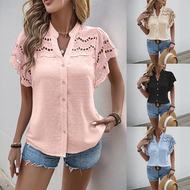 2025 New Sweet Style Hollow Out Ruffle Sleeve Stand Collar Solid Color Shirt For Women Summer_voghion.com