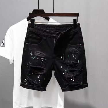 Trendy Boys' Personalized Beggar's Broken Split Pants 2024 Summer Versatile Slim Fit And Handsome Black Denim Shorts_voghion.com