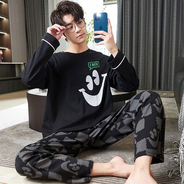 2022 winter men's long sleeved cotton pajamas casual pullover simple plus size youth home wear spring and autumn seasons_voghion.com