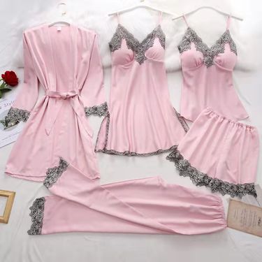 Women's Home Clothes Imitation Silk Pajamas Sexy Lingerie Suspenders Sexy Five Piece Set_voghion.com