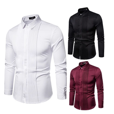 New long sleeved with British style lapel pleated men's uniform, formal dress, base shirt_mkmklike.com