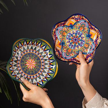 Bohemian Ceramic Dinner Plate Set - Hand-Painted Under Glaze Deep Dish (10.5 Inch, Microwave & Dishwasher Safe)_voghion.com