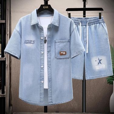 Men's Clothing Denim shirt men's short sleeved gradient top shorts a complete set of youth casual loose half sleeved shirt suit men_voghion.com