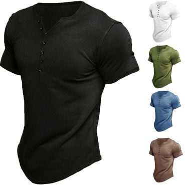 Men's Henley Shirts Short Sleeve Men's Solid Color T Shirt Tops_voghion.com