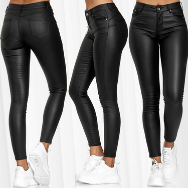 Women's clothing high waist solid color leather PU leather pants foreign trade wholesale_voghion.com