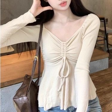Pure Desire Wind Drawstring Long Sleeve T-shirt for Women 2024 Spring Summer New Design Sense V-neck and Slimming_voghion.com
