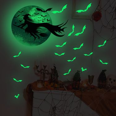 Glow-in-the-Dark Halloween Wall Sticker - Moon Witch & Bats Decal For Living Room, Bedroom, Party Decor (30x24cm, PVC, Self-Adhesive)_voghion.com