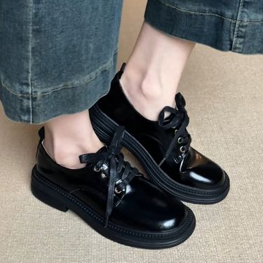 Sheepskin Version ~ French British Round Toe Chunky Heel Thick Sole Lace-Up Loafers 2025 New College Style Small Leather_voghion.com