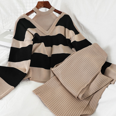 Women's Clothing Sexy Sweater Straight Slimming Wide-Leg Trousers Two-Piece Temperament Suit_voghion.com