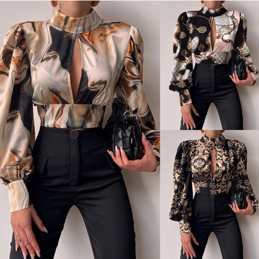Women's printed long-sleeved slim-fit shirt_voghion.com