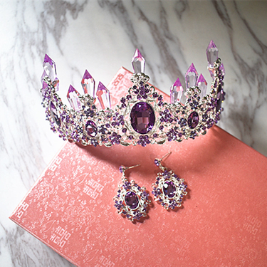 Bride Korean purple crystal column large crown tiara set wedding queen hair accessories baroque crown_voghion.com