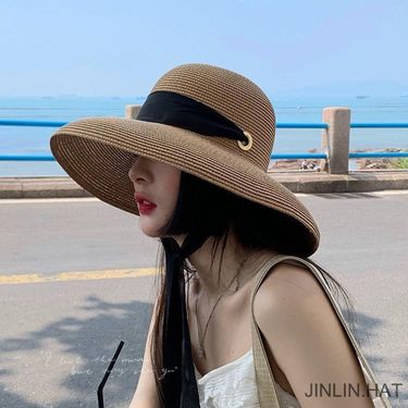 New Hepburn Style Large Brimmed Straw Hat with French Long Ribbon, Foldable Sun Protection, Face Covering, Vacation Beach, Tourist Sun Hat_voghion.com