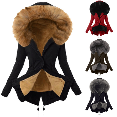 Women's Clothing Cotton Clothing, Hottest Women's Cotton Coat, Fur Collar Hooded Cotton Jacket, Drawstring Plus Velvet Warm Mid-length Jacket_viptrois.com