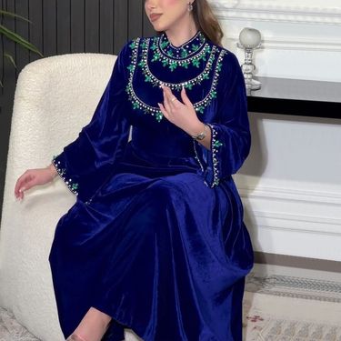 Women's Clothing Saudi Arabia Abaya Robe Velvet Zipper Green Water Drop Diamond Middle Eastern Dress_voghion.com