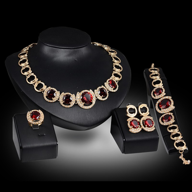 Gold Color Crystal Green Red Zircon Pendant necklace earrings Ring women Wedding bridal jewelry sets_voghion.com