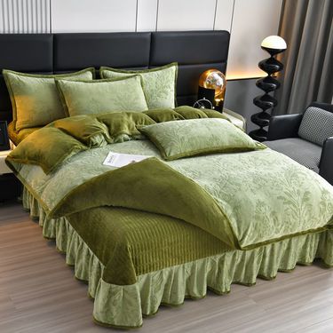 Winter Cotton Padded Thick Milk Velvet Bed Cover Four Piece Set Princess Style Lace Lace Double-sided Velvet Duvet Cover Coral Velvet Cover_voghion.com