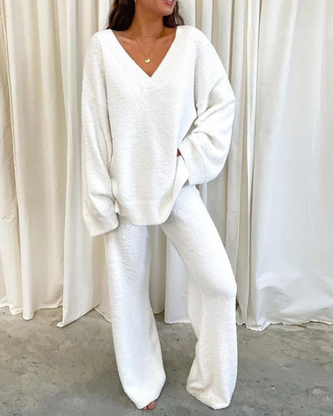 Fluffy V-neck Solid Color Casual Two-piece Suit_voghion.com