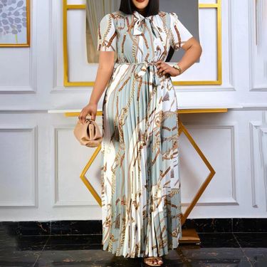 Women's Short-sleeved Printed Pleated Straps Long Skirt Plus Size_voghion.com