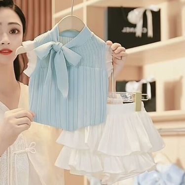 Mother & Kids Girls summer suit 2024 new style baby girl stylish knitted vest fashionable cake skirt casual two-piece suit trendy_voghion.com
