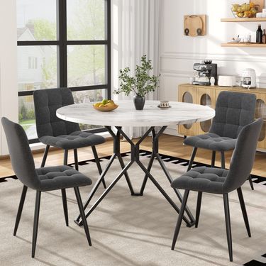 5-teiliges Esstisch-Set Mit Runder Tischplatte (Ø100 Cm), Schwarze Metallbeine, MDF-Marmoroptik, Graue Leinenstühle_voghion.com