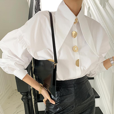 Women's spring elegant temperament pointy collar chic single row button loose lantern sleeve shirt blouse women_voghion.com