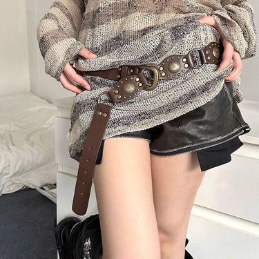 Splicing Brown Jeans Rivet Hot Girl American Style Hollow Out Ins Wind Belt Women's Versatile_voghion.com