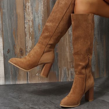 New chunky plus size high heel slimming suede boots Women's pointed side zipper boots_voghion.com