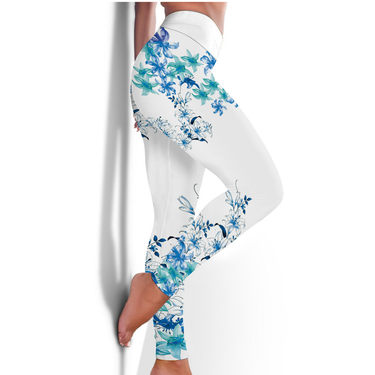 Women's fashion blue flower fitness wear high bounce hip lift tight pants yoga wear_voghion.com