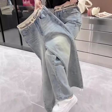 Slim Fit Stretch Straight Jeans For Women – Bluish High-Waisted Floor-Length Denim Pants With Embroidery (XS-3XL)_voghion.com