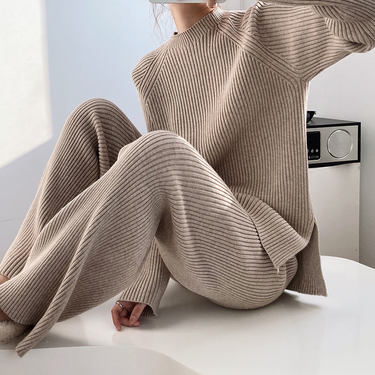 Women's Clothing solid color round neck slit sweater suit women's loose knitted top and wide leg pants two piece set_voghion.com