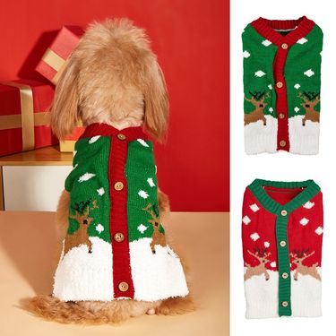 Christmas Pet Clothes Knitted Christmas Classic Red and Green Double Deer Snow Snowflake Cardigan Button Bichon Poodle Sweater_voghion.com