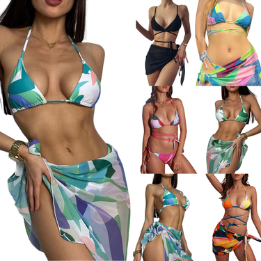 Happybuyner 3 Pieces Swimwear Set Floral Print Solid Color Strappy Bikini Tops Panties+ Mini Skirt for Women For Summer_voghion.com