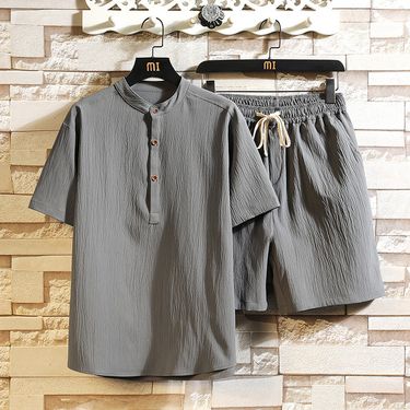 Men's Clothing two-piece suit stand-up collar retro short-sleeved suit casual solid color cotton and linen two-piece suit_mkmklike.com