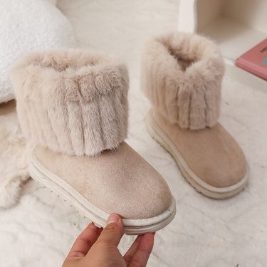 XUANMU Winter Classic Children's Furry Snow Boots Beige Outdoor Girls Fashion Ankle Cotton Boots Warm Soft Kids Causal Thermal Boots XF0034_voghion.com