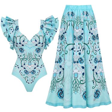 Women's Clothing New One-piece Skirt Two-piece Swimsuit Ruffled V-neck Fashion Sexy Swimsuit_voghion.com