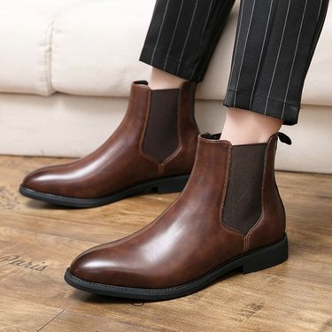 Men's Chelsea Boots Winter Faux Leather Slip-On Boots With Fleece Lining, Fashion Pointed Toe Low Heel Ankle Boots For Casual & Dress_voghion.com