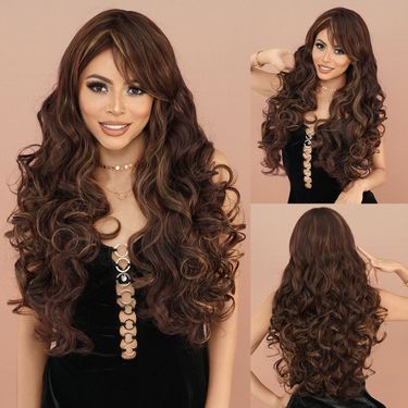European And American Wig Female Long Hair Wavy Red Brown Highlights Gold Oblique Bangs Curly Hair Daily Wig Fluffy Full Head Cover_viptrois.com