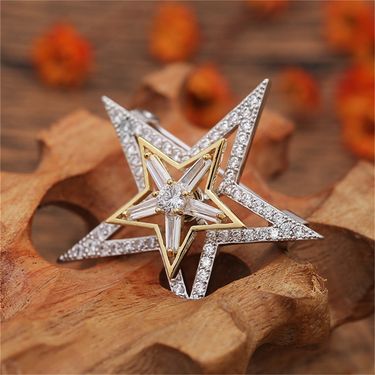 Rotatable Double Pentagram Decompression Rotating Zircon Brooch Men's Suit Collar Pin Women's Dress Pin Accessories_voghion.com