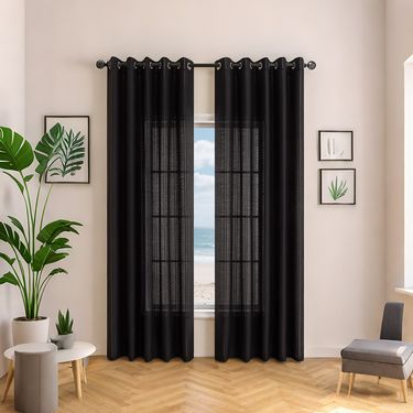 Linen Look Sheer Curtains For Living Room & Bedroom - Ready-Made Polyester Striped Window Scrim, Semi-Sheer (40-70% Light Filtering)_voghion.com