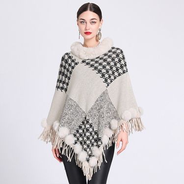 Fur collar cape cape rabbit hair ball fringe jacquard knitted jumper woman_voghion.com