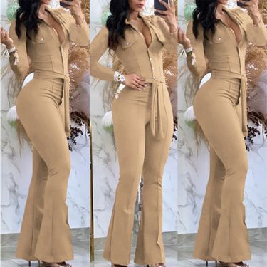 Women's Clothing suit collar long sleeve slim fit flared jumpsuit six colors four sizes in stock_voghion.com