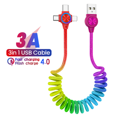 3A 3in1 1M spring cable suitable for iPhone Micro 8 battery C-type fast charger suitable for Huawei Xiaomi Sam_voghion.com