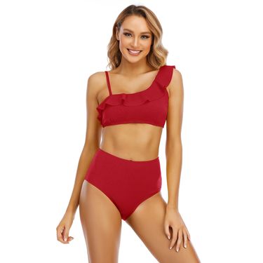 2025 New Sexy Swimsuit Ruffle One-Shoulder Strap Two-Piece High-Waisted Bikini_voghion.com