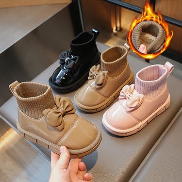Winter new cotton thickened waterproof ankle boots children's non-slip cotton shoes bow sock boots_voghion.com