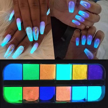12 - Color Boxed Set Of Nail Art Fluorescent & Luminous Powder - Colored Shiny Glow - In - The - Dark Accessories_voghion.com