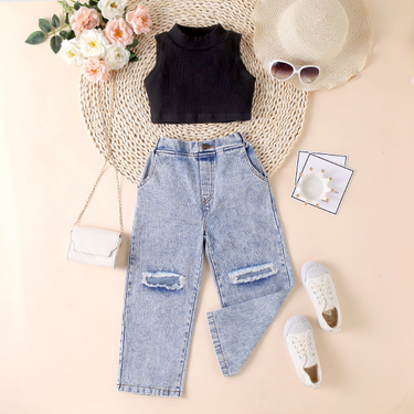 Baby Clothing Children's dress Girls' summer pit strip solid color sleeveless strapless jumper ripped denim trousers two-piece set_viptrois.com